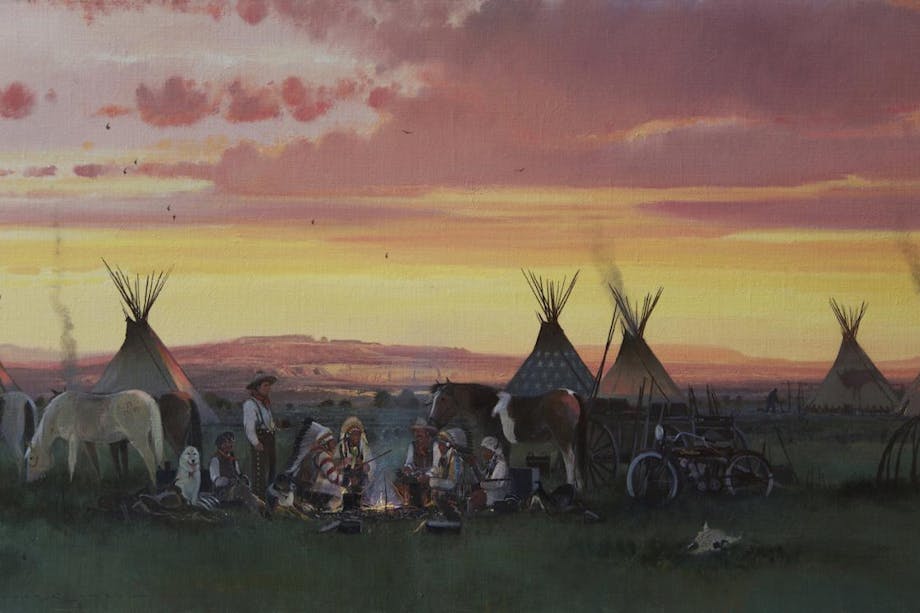 Filson Life - Nicholas Coleman painting of teepees and native americans and horses at camp at sundown