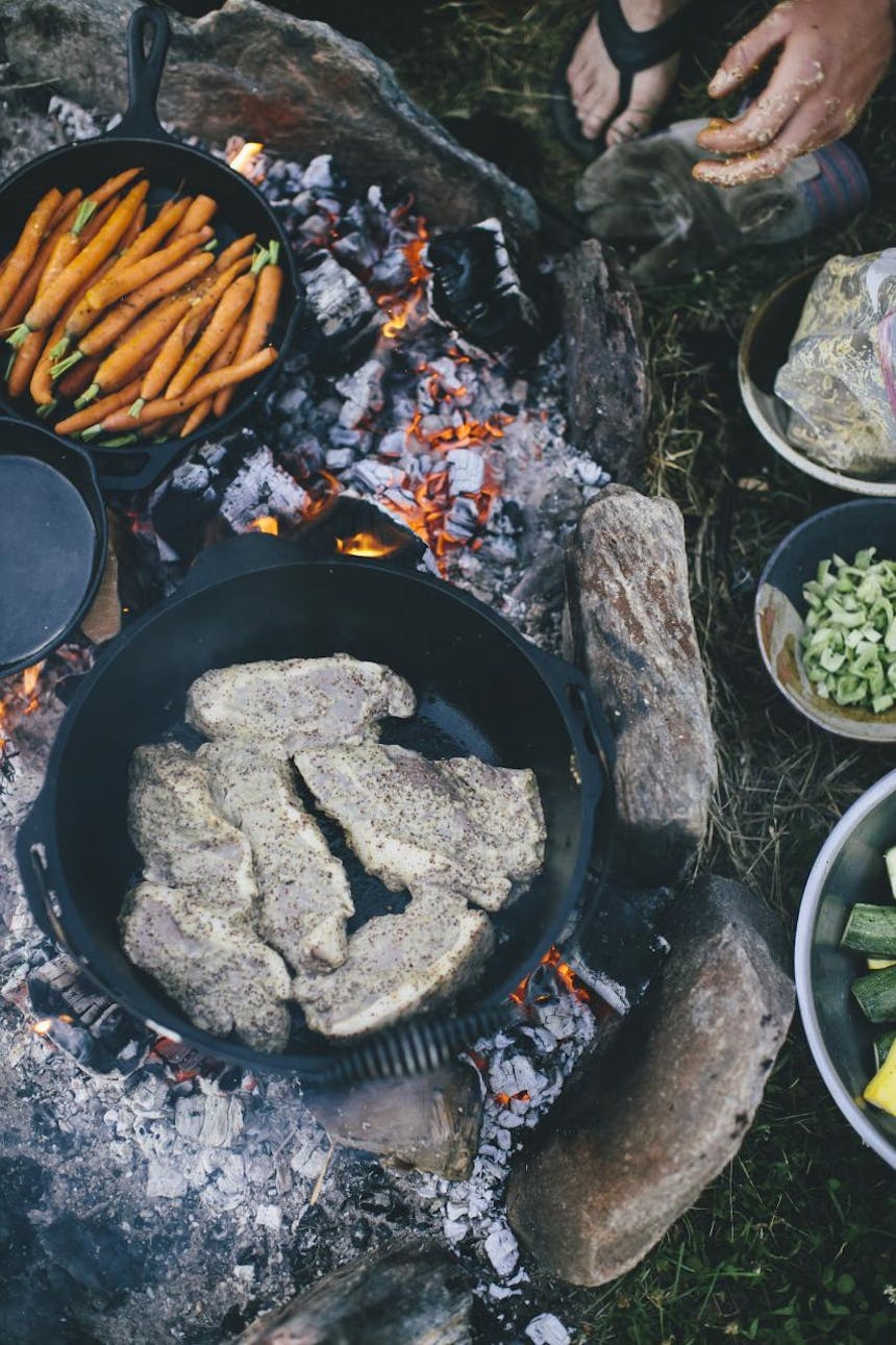 food being cooked over a fire