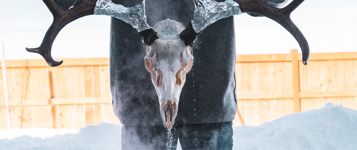 person in snowy yard lowering elk skull with antlers into steaming pot