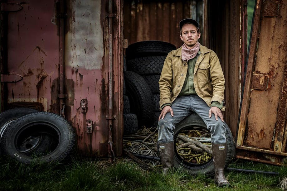 Wesley Larson sits on tire in brown jacket and waterproof boots