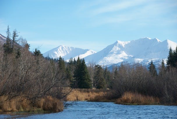 river runs from large snowy mountains through pine and scrub forest