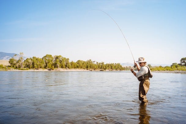 A DSLR photo of a woman fly fishing in a serene mountain stream