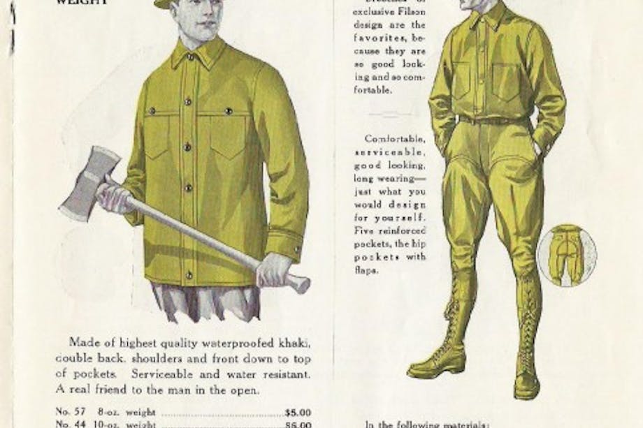 historical filson ad describing loggers' coat and laced breeches