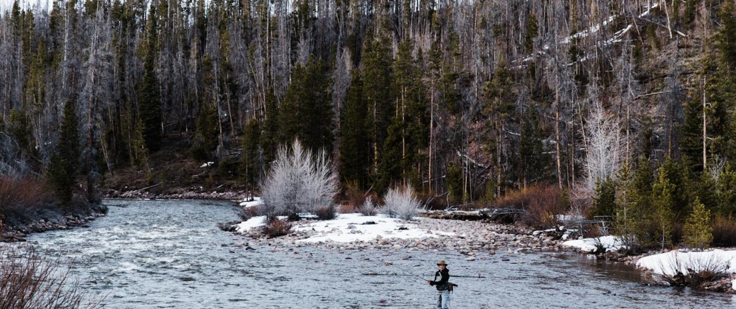 person standing in river in winter with pine treeline in background