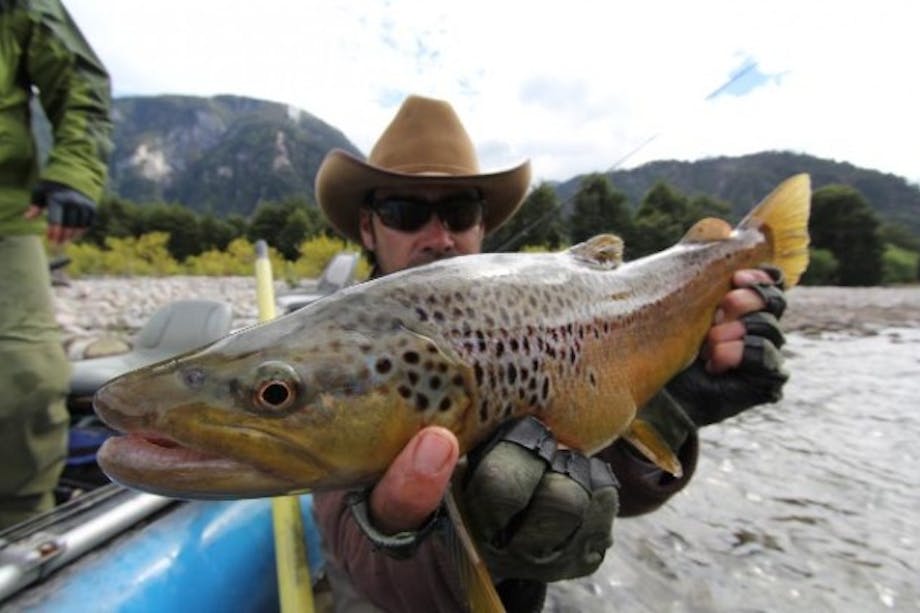 Man with cowboy hat holds fish up to camera on river with mountain background