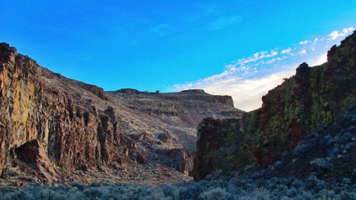 canyon with sheer red rock cliffs and sage brush