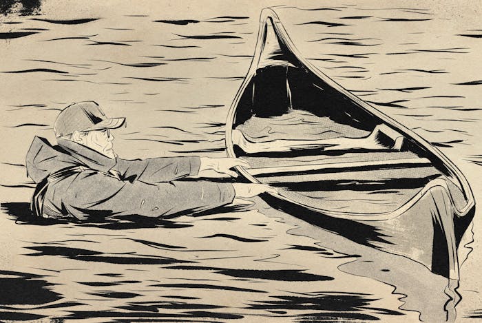 sketch of man wearing jacket and hat in river holding canoe
