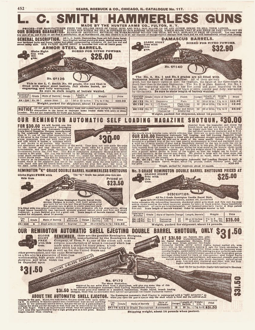 1908 Sears Catalog, tan and brown old page, on shotgun page