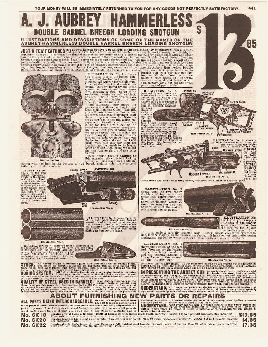 1908 Sears Catalog, tan and brown old page, on shotgun page