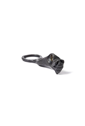 a dark steel key ring with a dark steel bison head, Filson's bison bottle opener