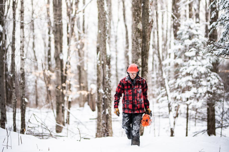a man wearing plaid red and black wool coat, snow pants and a orange hard hat, walking towards the camera in a snowy wooded area