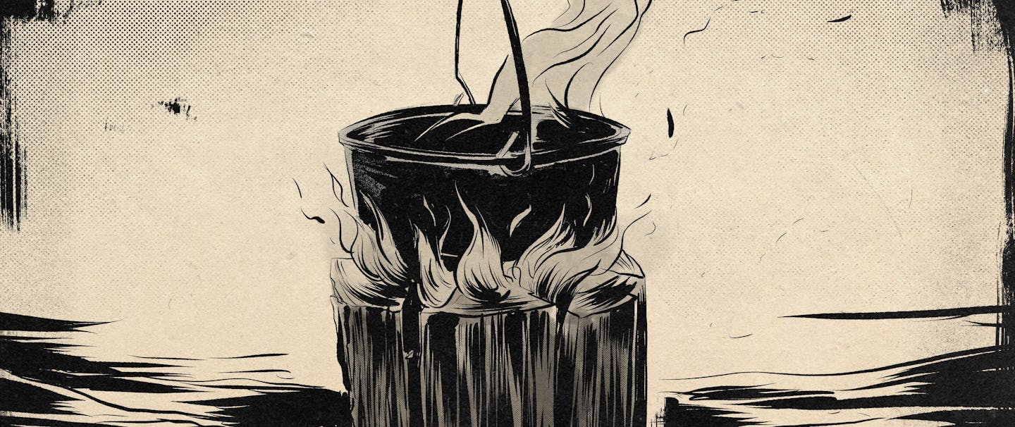 an illustration of a wood log burning from the inside out with a cast iron dutch oven on top