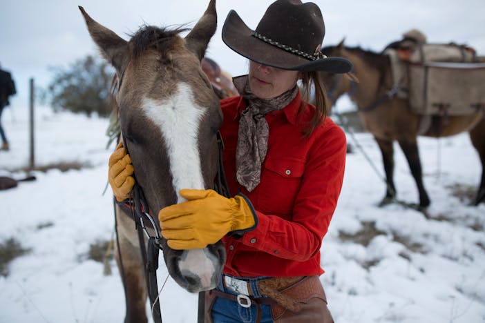 woman wearing a red button up shirt, a brown scarf and yellow goat skin gloves holding and petting a horses face with another behind her in a pasture