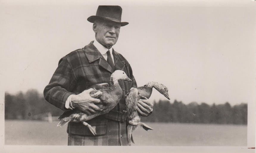 wild goose jack wearing a top hat, flannel jacket buttoned up and white colored shirt with tie, holding two ducks close to his side