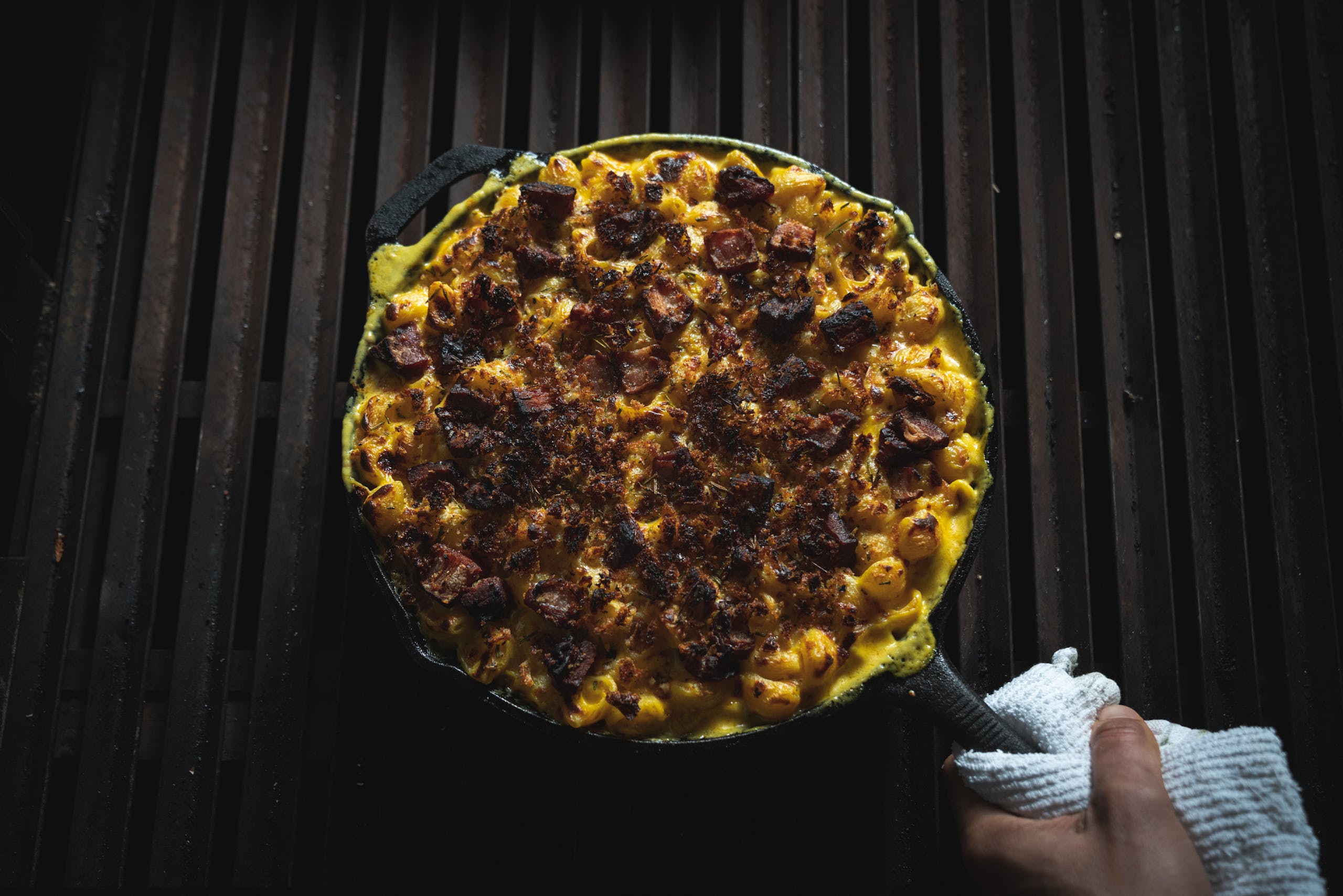 Filson Food Fire Baked Mac Cheese With Boar Bacon Burnt Ends The Filson Journal