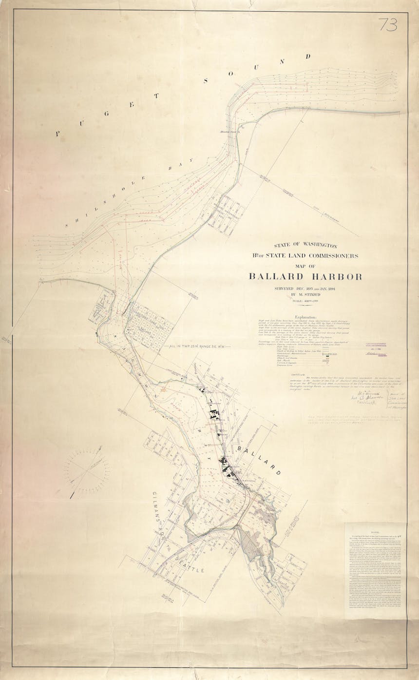 a historic cream colored map of Ballard Habour