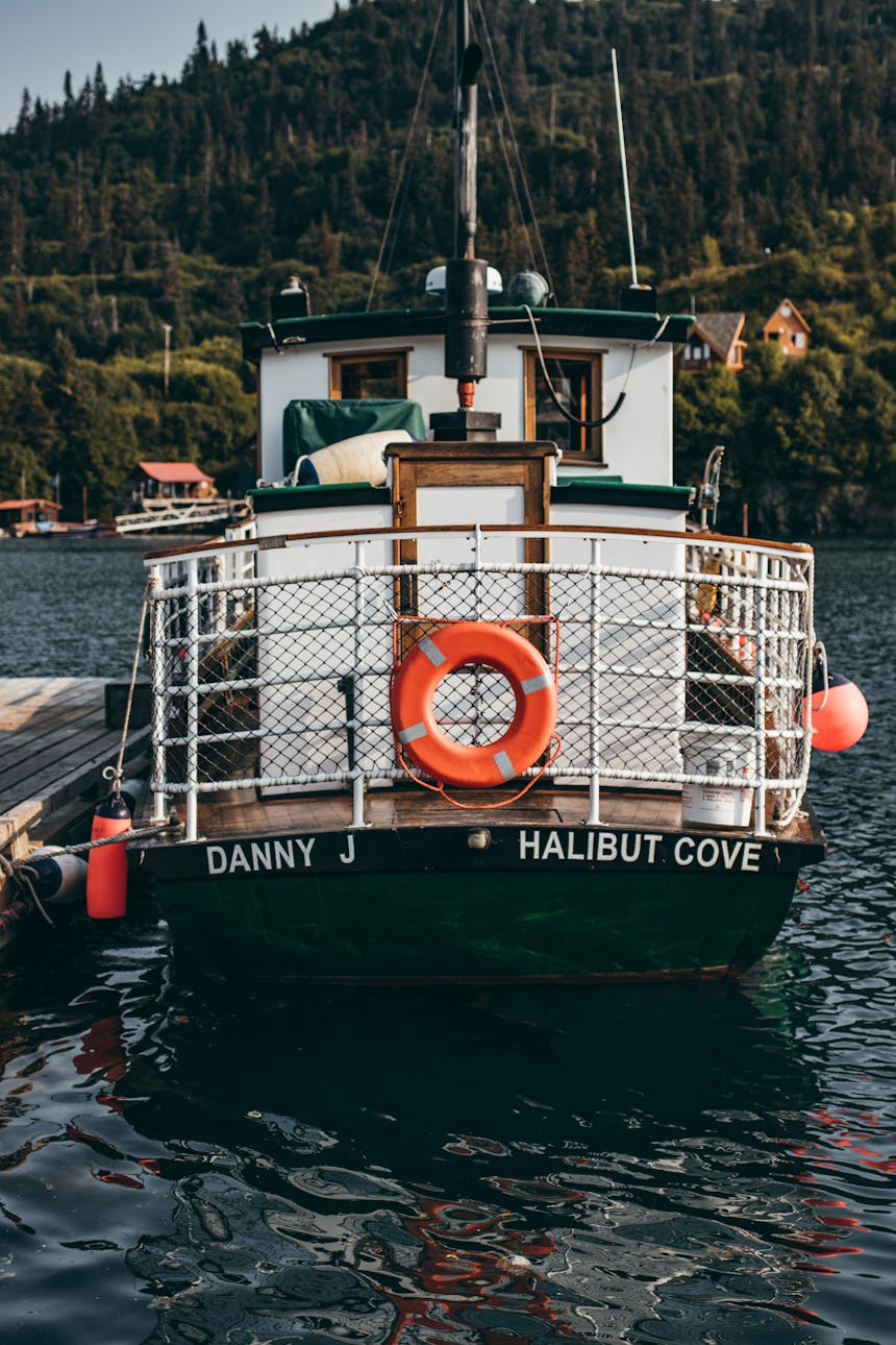 stern of green and white ship at scenic pier with pine forested mountain slope rising out of water