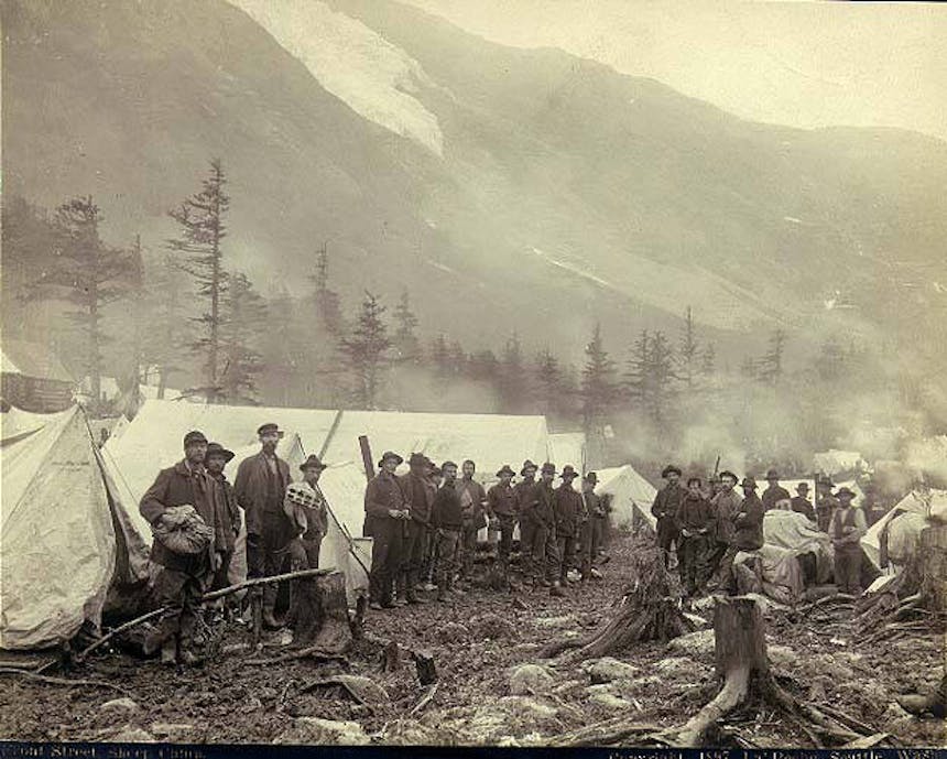 Image of Front Street Sheep Camp in 1897 with a number of men including Jack London