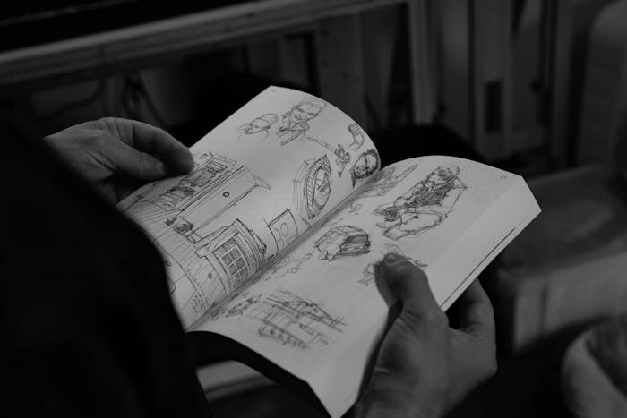 black and white image of hands holding a sketchbook with sketches of people, boats, and camping equipment