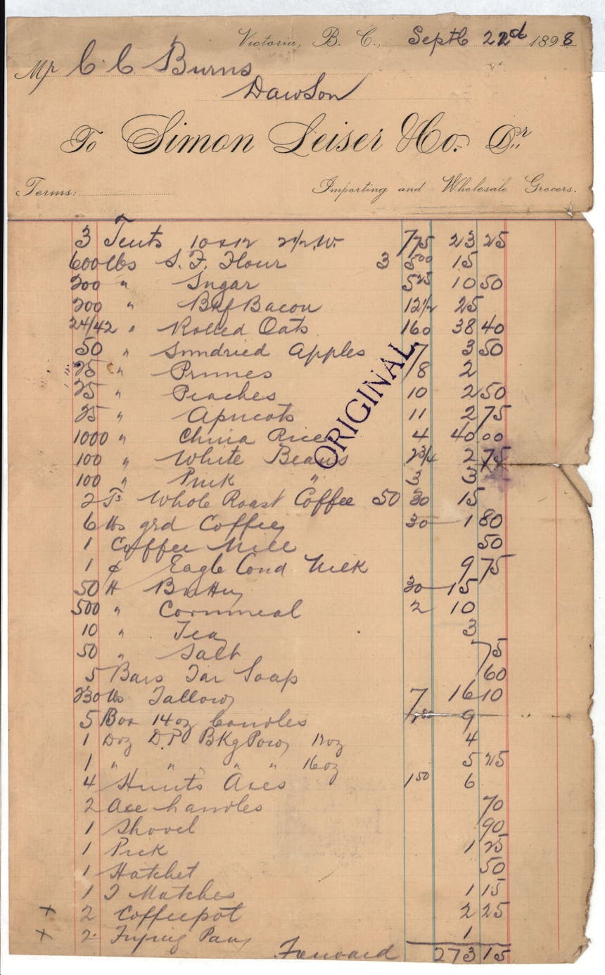 old ledger detailing gold rush provisions from Simon Leiser Company
