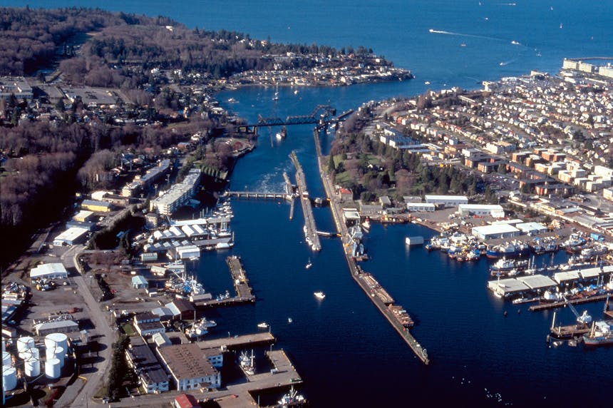 aerial image of Salmon Bay buildings and lock