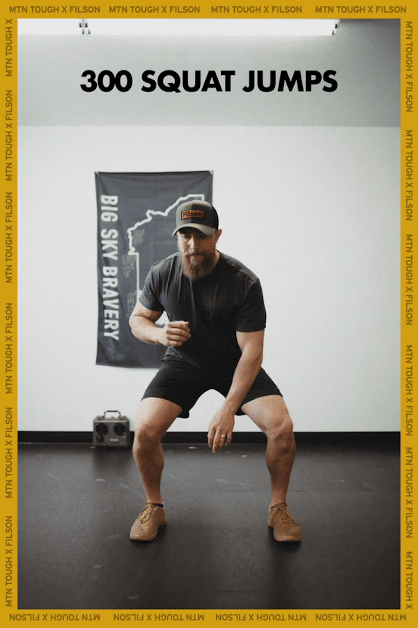 picture of man in gray hat and black workout clothes squatting, header text 