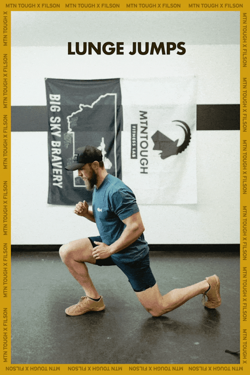 Wildland firefighter workout image man performing lunge jump header text reads