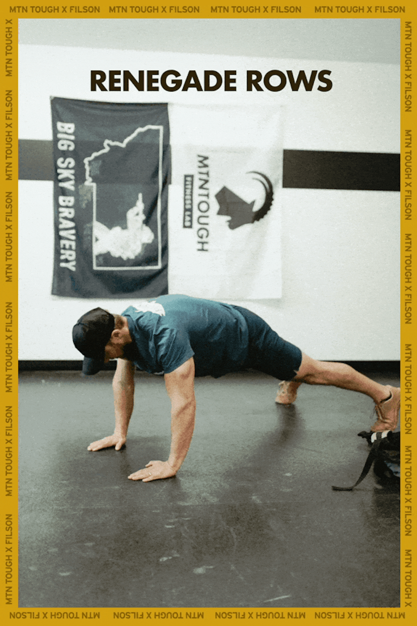 man in pushup position with feet spread apart, arms extended, header text