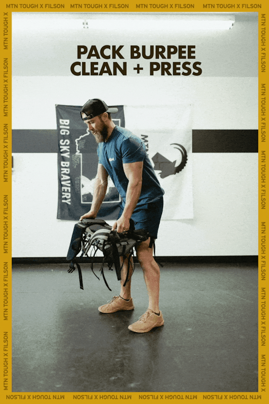 Train Like A Wildland Firefighter Workout image man grasping backpack bent slightly at hips, header text reads