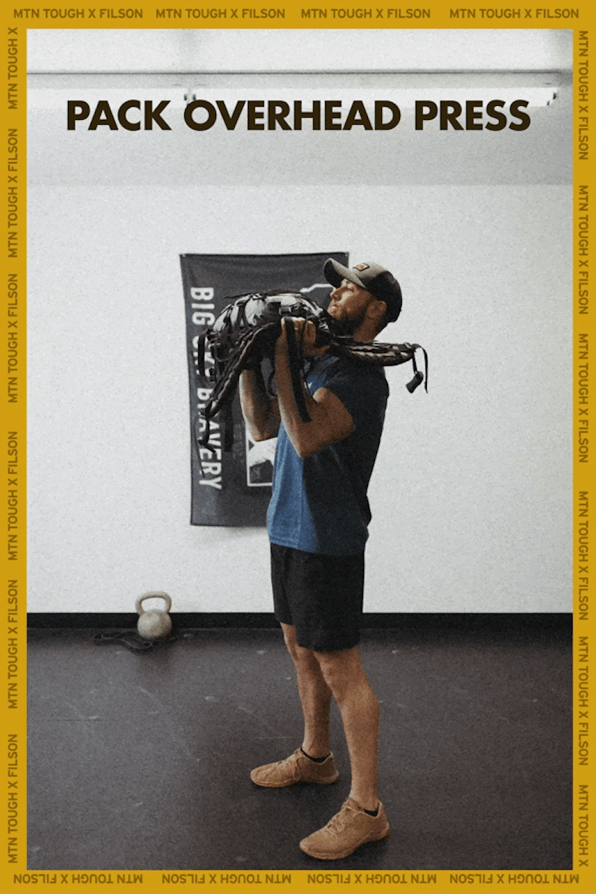 man holding pack in hands at shoulder height, header text