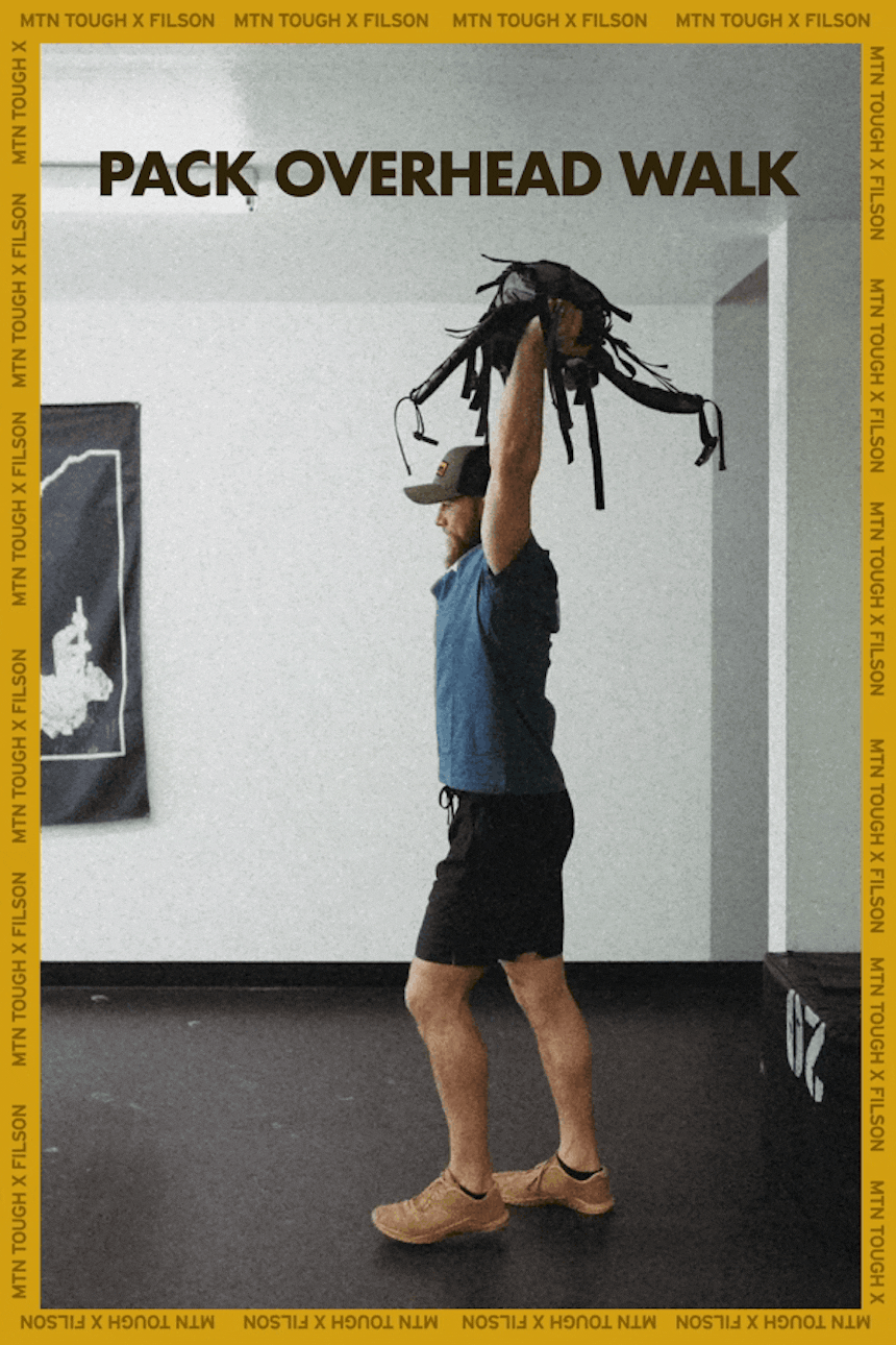 man holding backpack directly overhead, header text