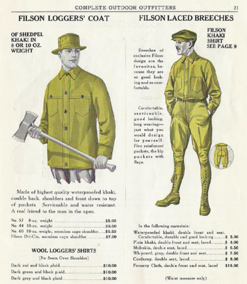 filson logger's coat filson laced breeches graphic with illustration of man wearing coat and breeches