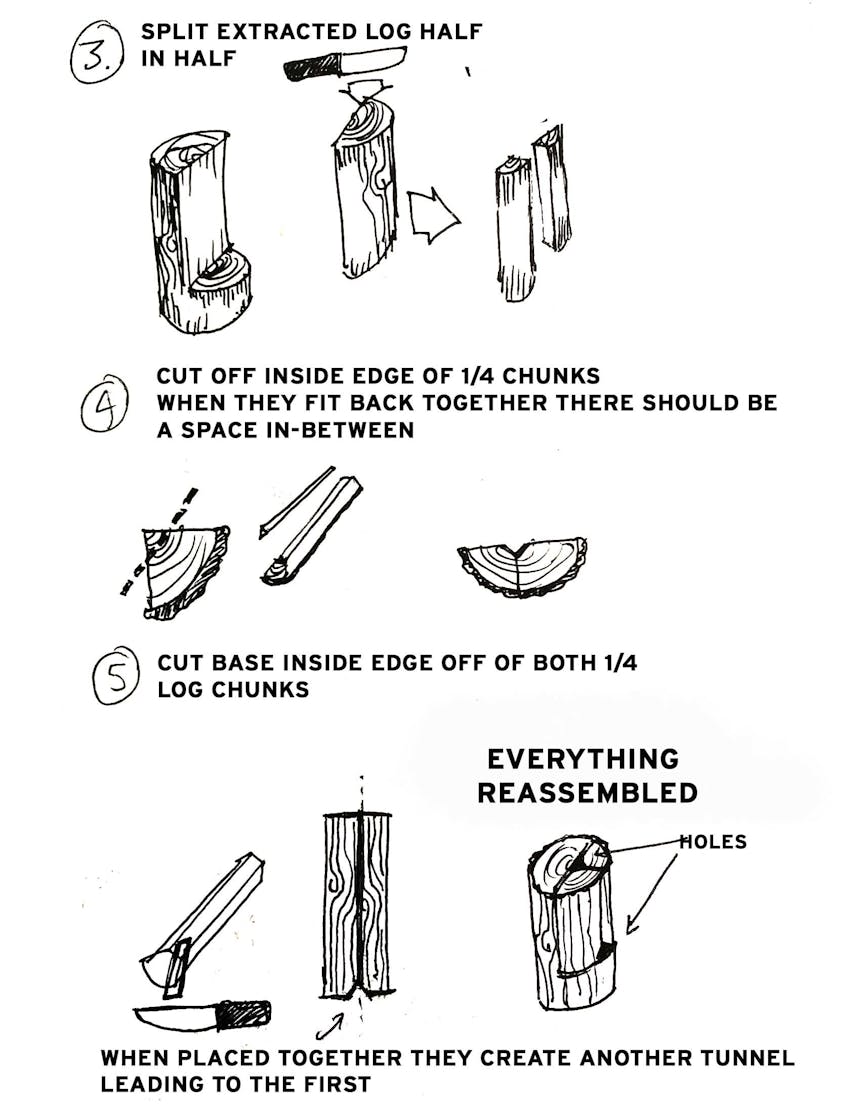 illustrated instructions detailing how to build a docket stove out of a log