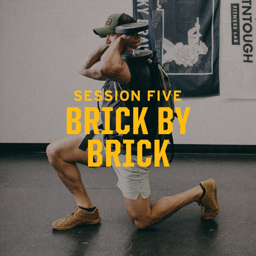 session five brick by brick. man doing a lunge squat while holding dumbbells