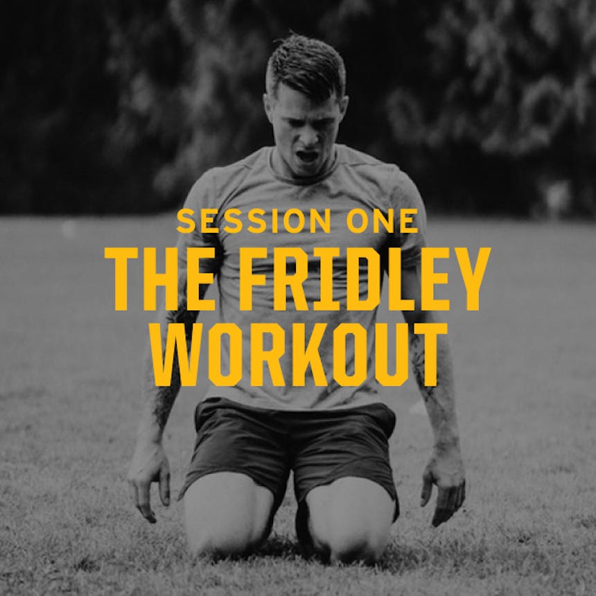 Session one The Fridley Workout promo image with kneeling man in grass field