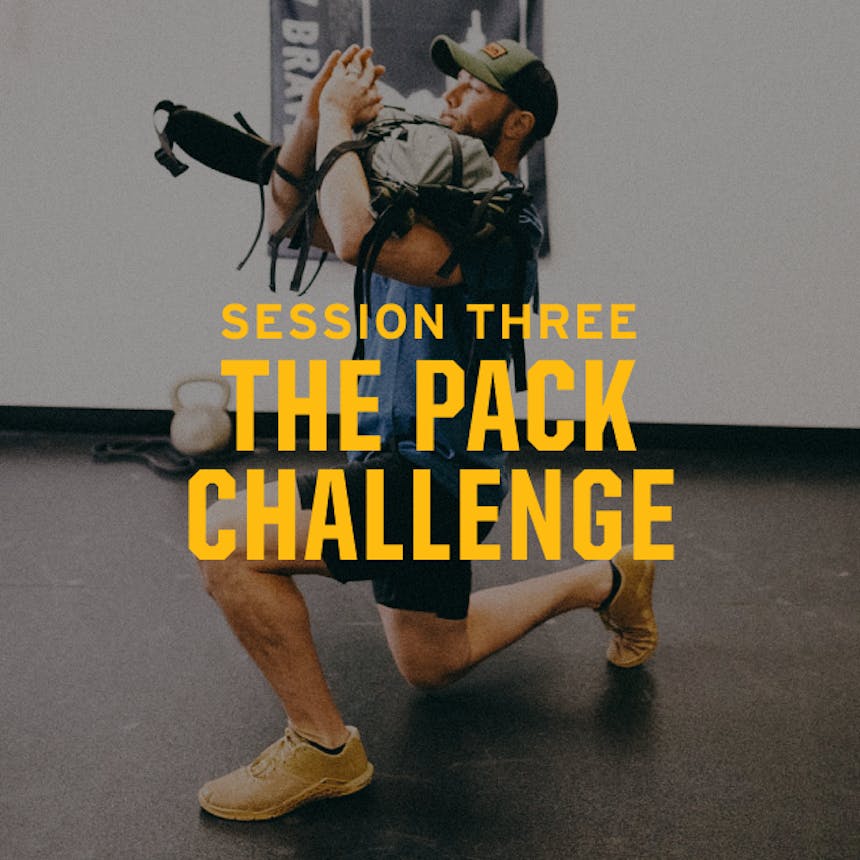 Session three The Pack challenge, man holding backpack doing squat lunges