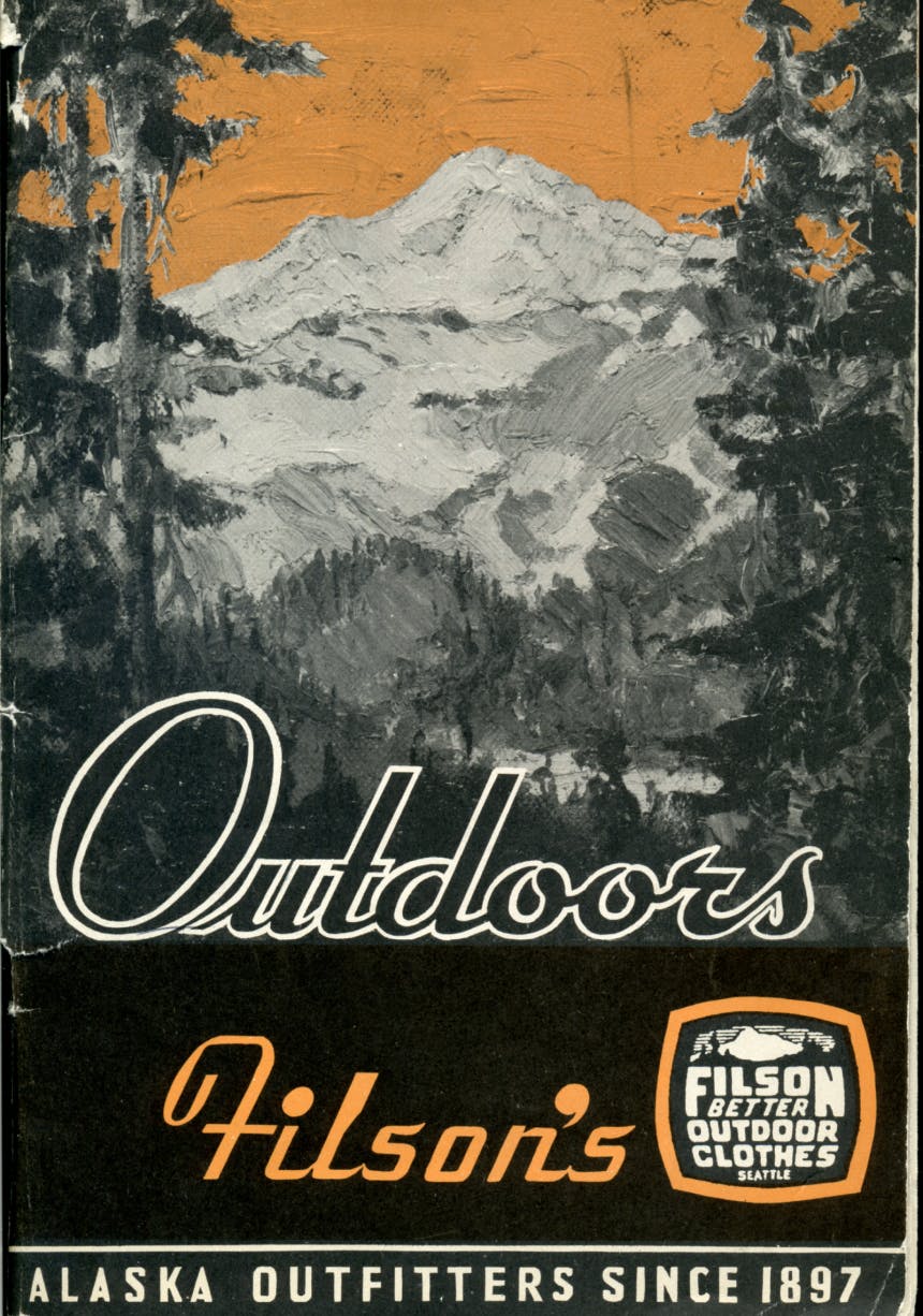 old oil painting style advertisement with painting of pine trees and mountain and orange sky, text reads 