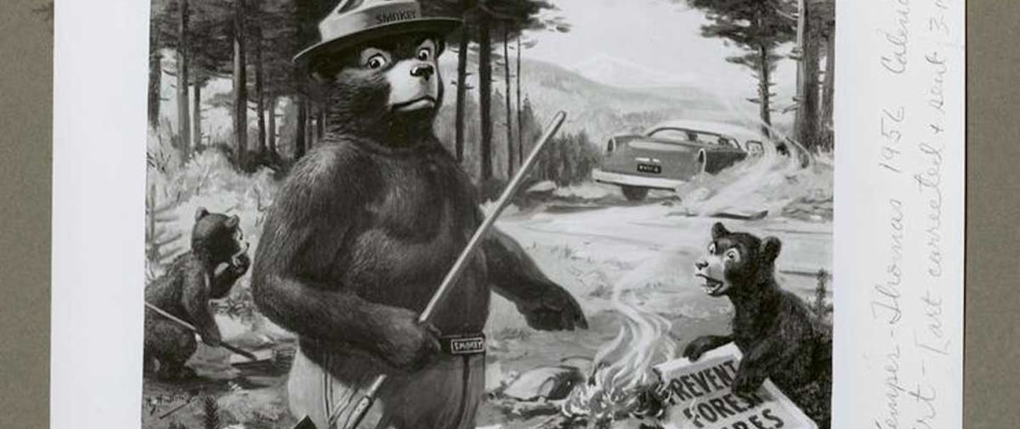 illustration of smokey the bear pointing to a sign burning next to a couple of bear cubs holding a sign that says 