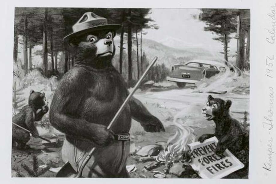 illustration of smokey the bear pointing to a sign burning next to a couple of bear cubs holding a sign that says 