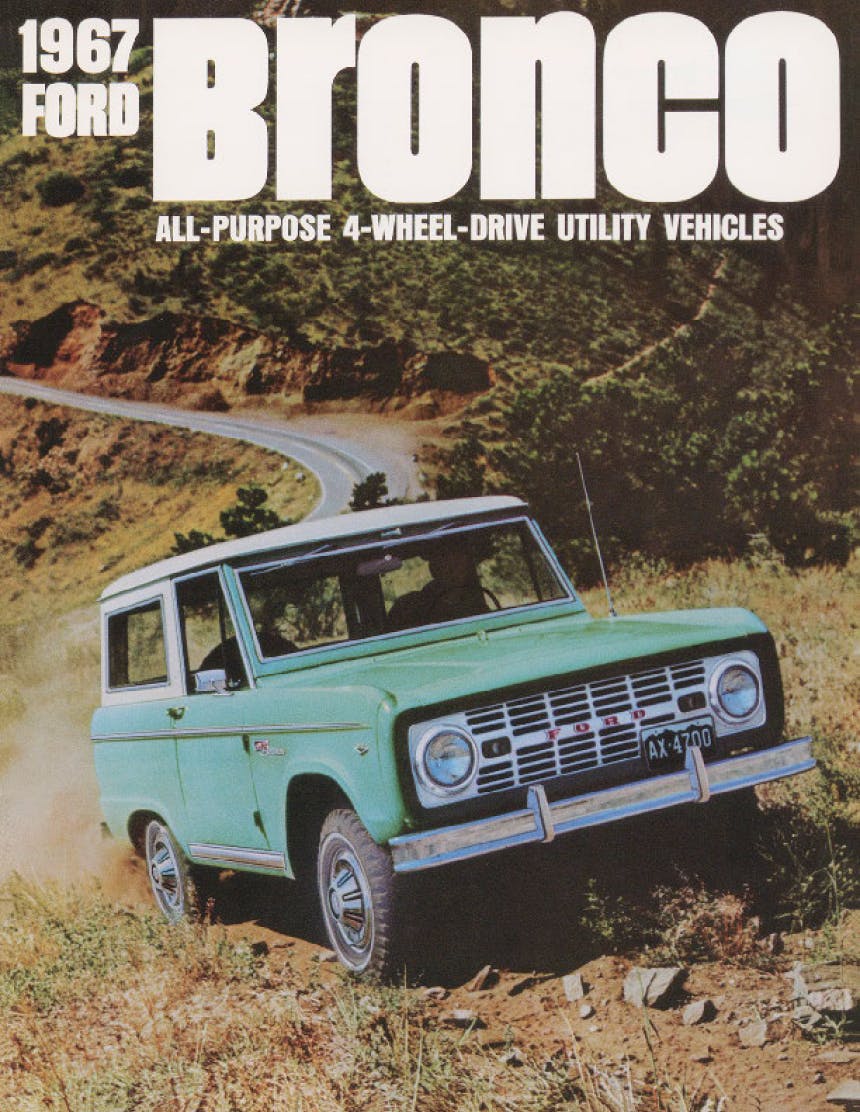 teal bronco with white roof driving up a dirt road ad image with header text 