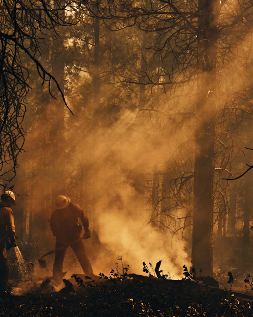 two wildland firefighters standing in a forest working on firelines with smoke rising into the air