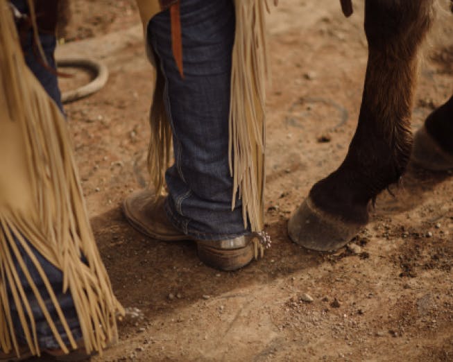 closeup image of horse hooves and person's feet in boots and chaps