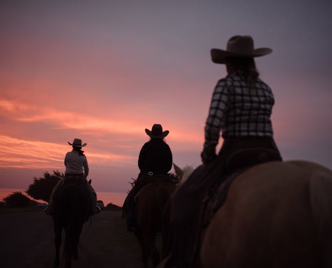 three women in cowboy hats riding horses in silhouette riding off into the sunset