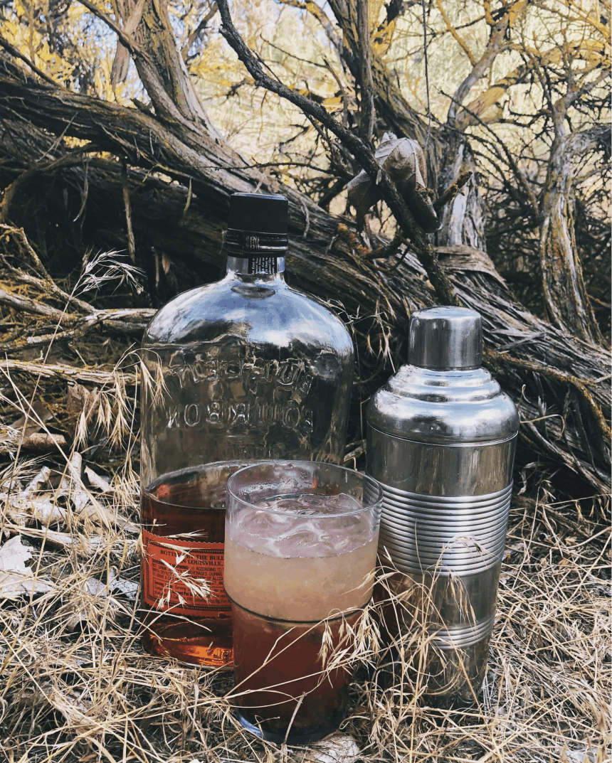 glass with ice in front of bottle of whiskey and a metal shaker in a grassy clearing