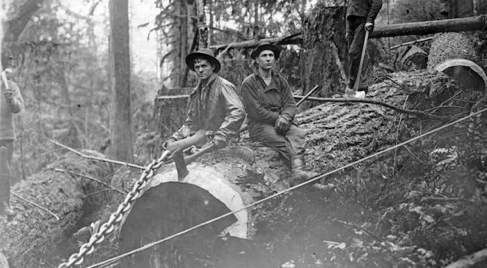 two loggers sitting on a huge log with a large chain attached in a forest
