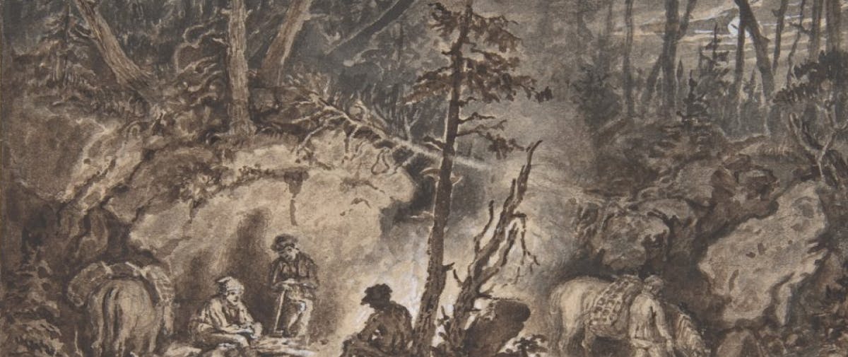 stylized painting of people sitting around a campfire in spooky looking woods