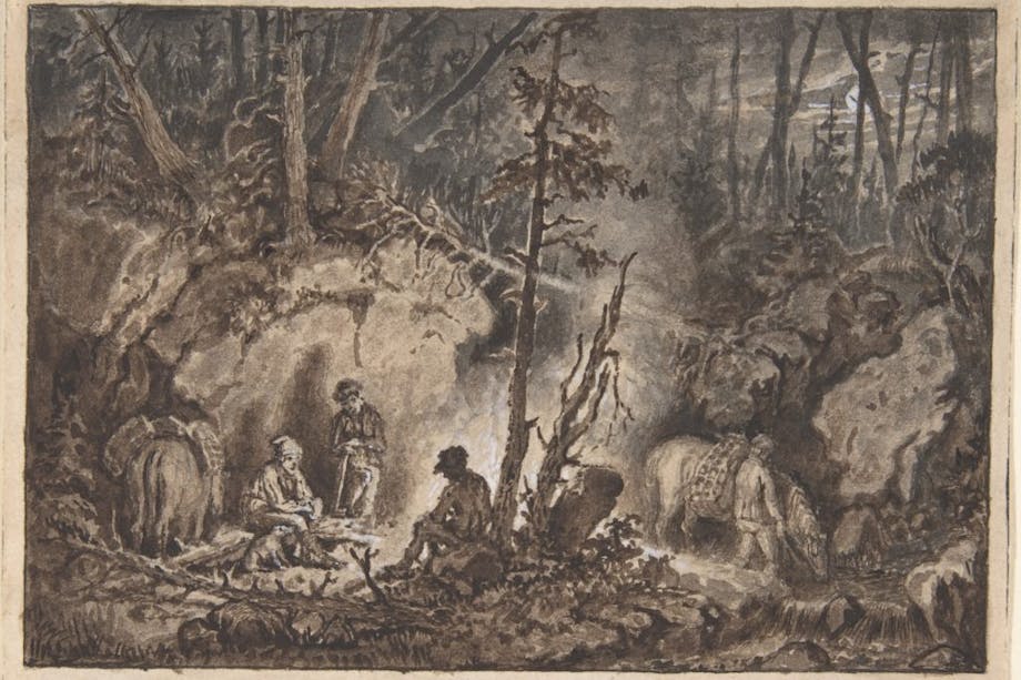 stylized painting of people sitting around a campfire in spooky looking woods