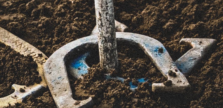 horseshoes wrapped around a metal pole in dirt