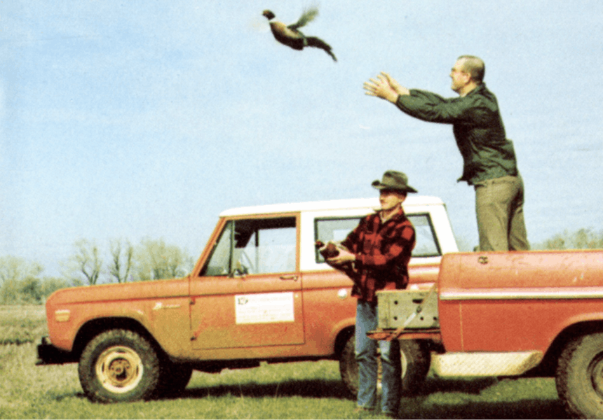 people standing by a red ford bronco releasing pheasants into the sky