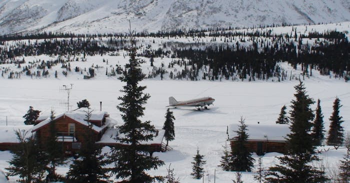 plane parked on a snowy runway in a pine forest